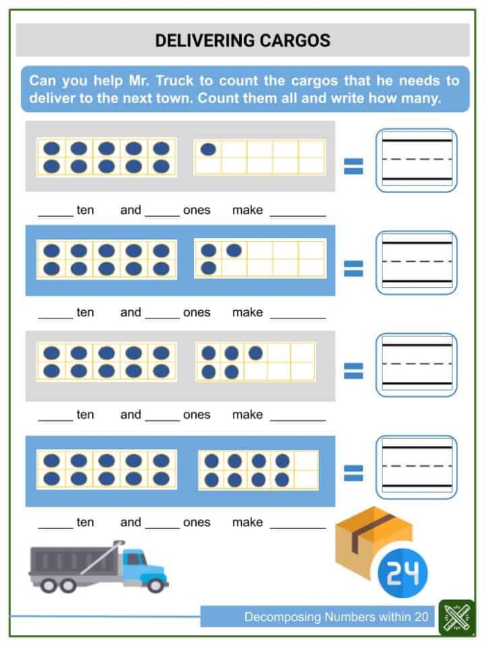 Geography worksheet for First Grade Colorful worksheet for first graders to practice composing and decomposing numbers within 20. Engaging activity sheet focused on number bonds and sentences for young learners.