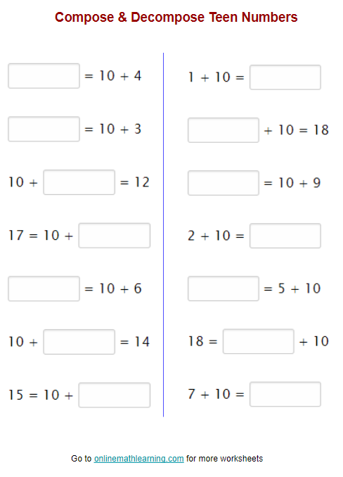 Engaging visual resource for young mathematicians to practice number concepts First grade worksheet showcasing number bonds and sentences for composing and decomposing within 20