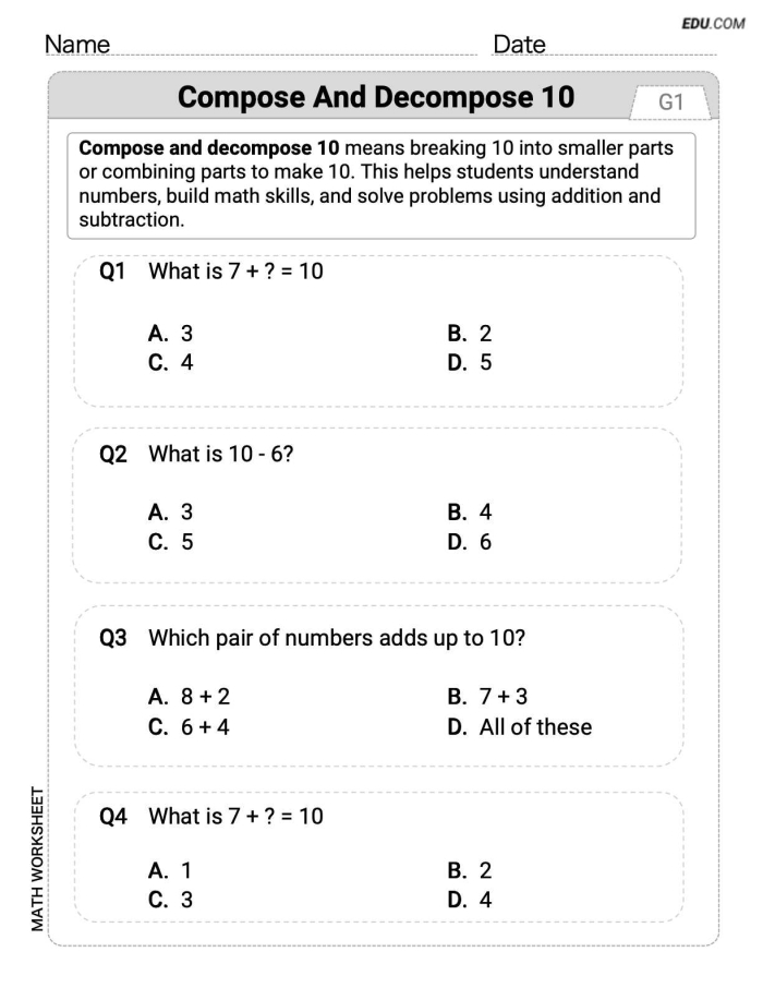 Engaging worksheet for young mathematicians to practice number concepts and skills First grade worksheet featuring number bonds and sentences for composing and decomposing numbers within 20
