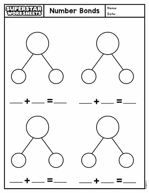 Number Bonds All Around worksheet designed for first graders to practice addition and subtraction relationships