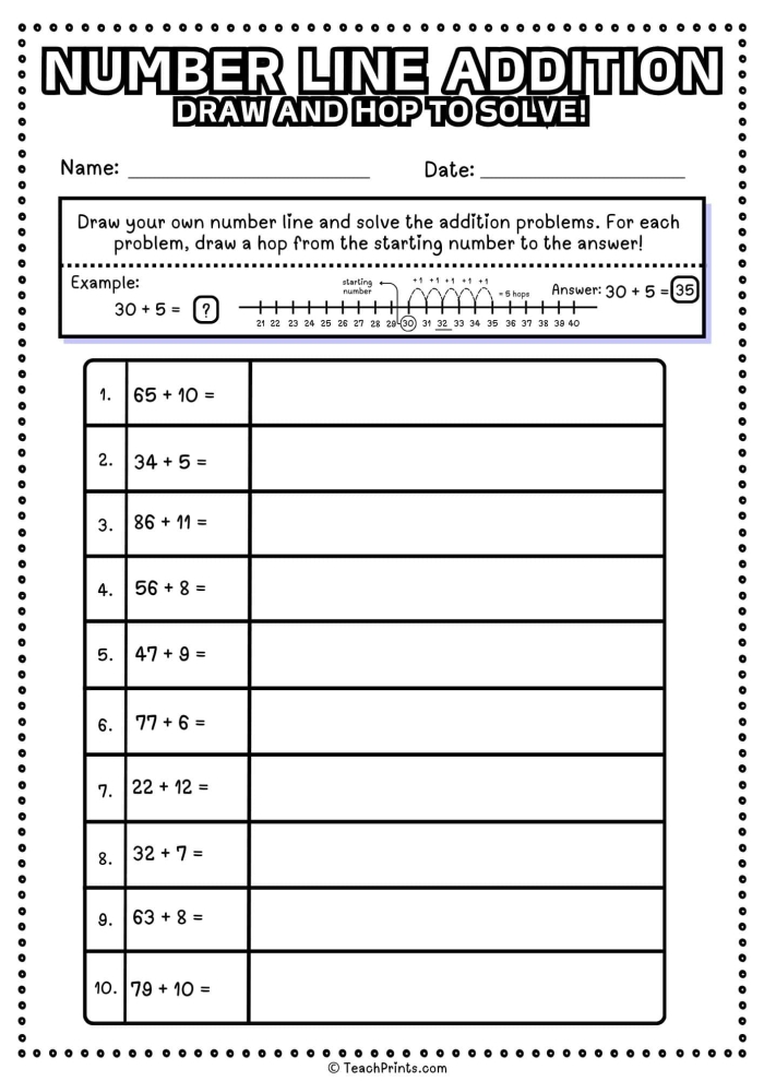 First grade student using a number line to solve addition problems by skip counting and jumping along the line