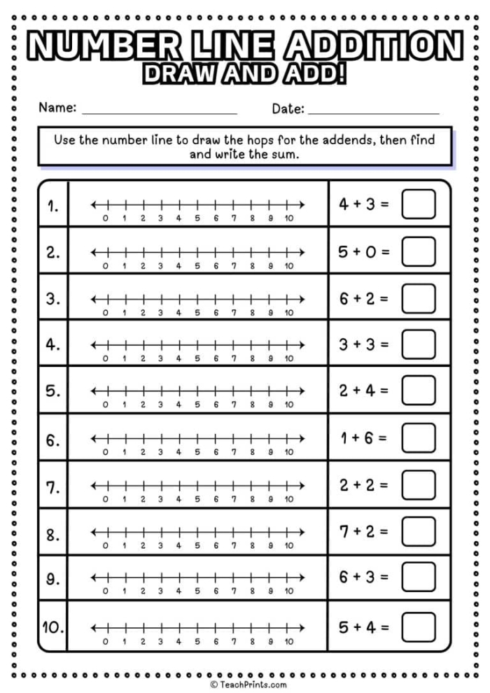 First grade student using a number line to solve addition problems by counting and skipping along the line