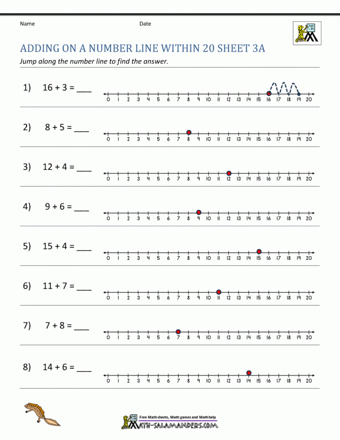 First grade student using a number line to solve addition problems by counting forward