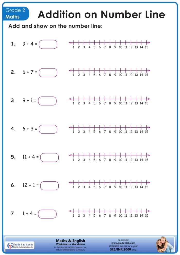 First grade student using a number line to solve addition problems by skip counting along the numbered sequence