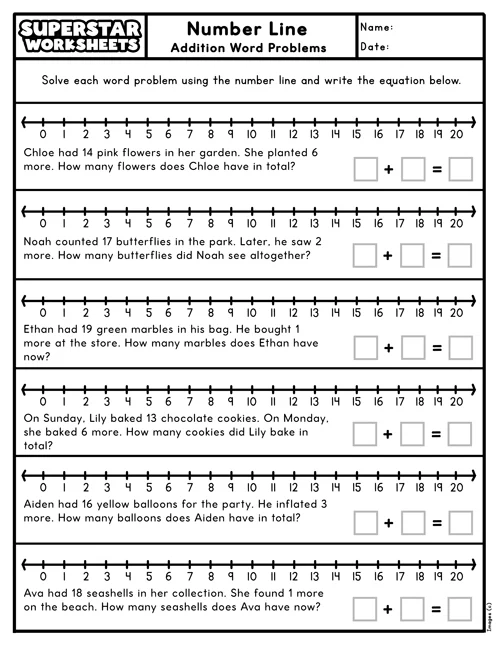 First grade student practicing addition skills using a number line worksheet