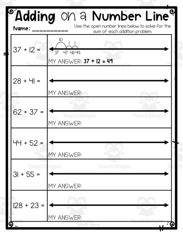First grade student using a number line to solve addition problems worksheet 10