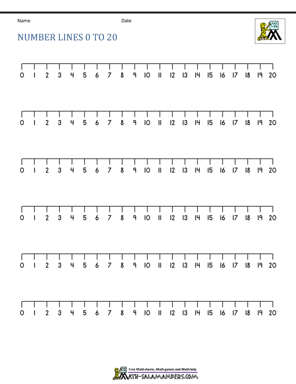 Number Line 1-20 worksheet designed for first graders to practice addition and subtraction within 20