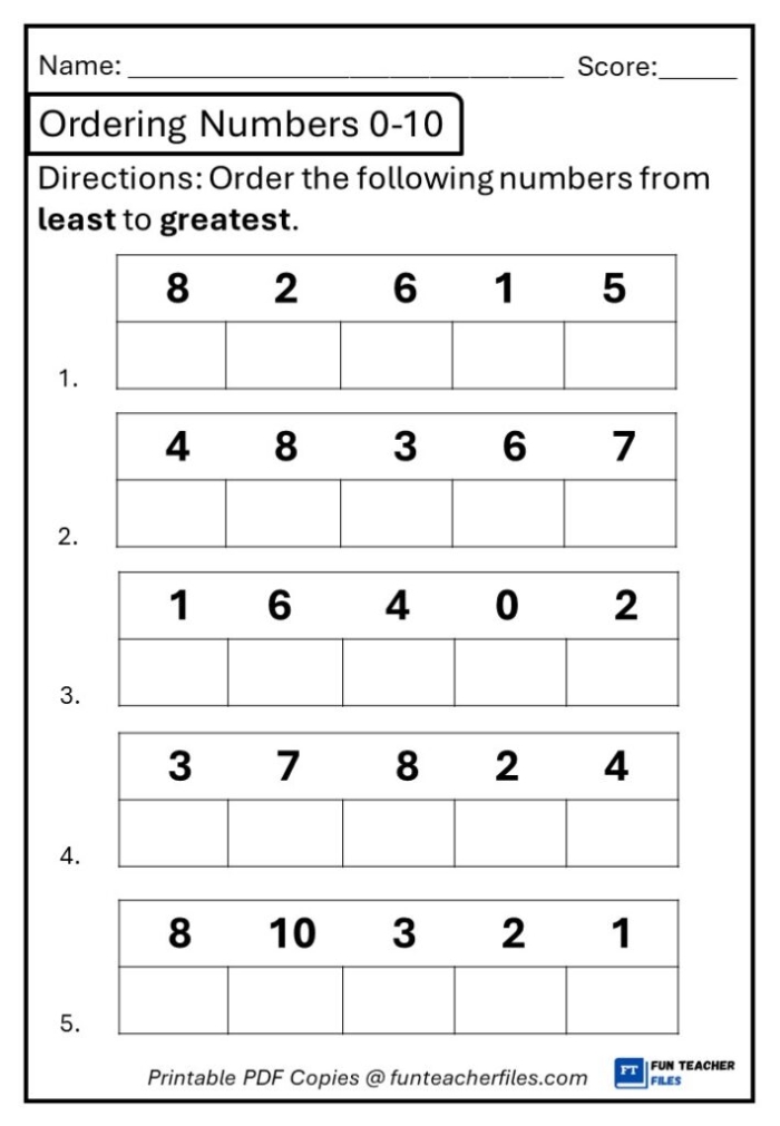 First grade worksheet guiding students to order numbers from least to greatest