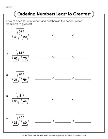 First grade worksheet for arranging numbers from least to greatest