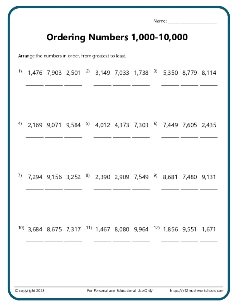 First grade worksheet showing numbers arranged from least to greatest for number sequencing practice