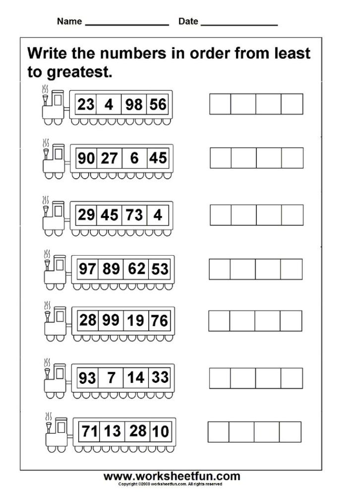 First grade worksheet for arranging numbers from least to greatest