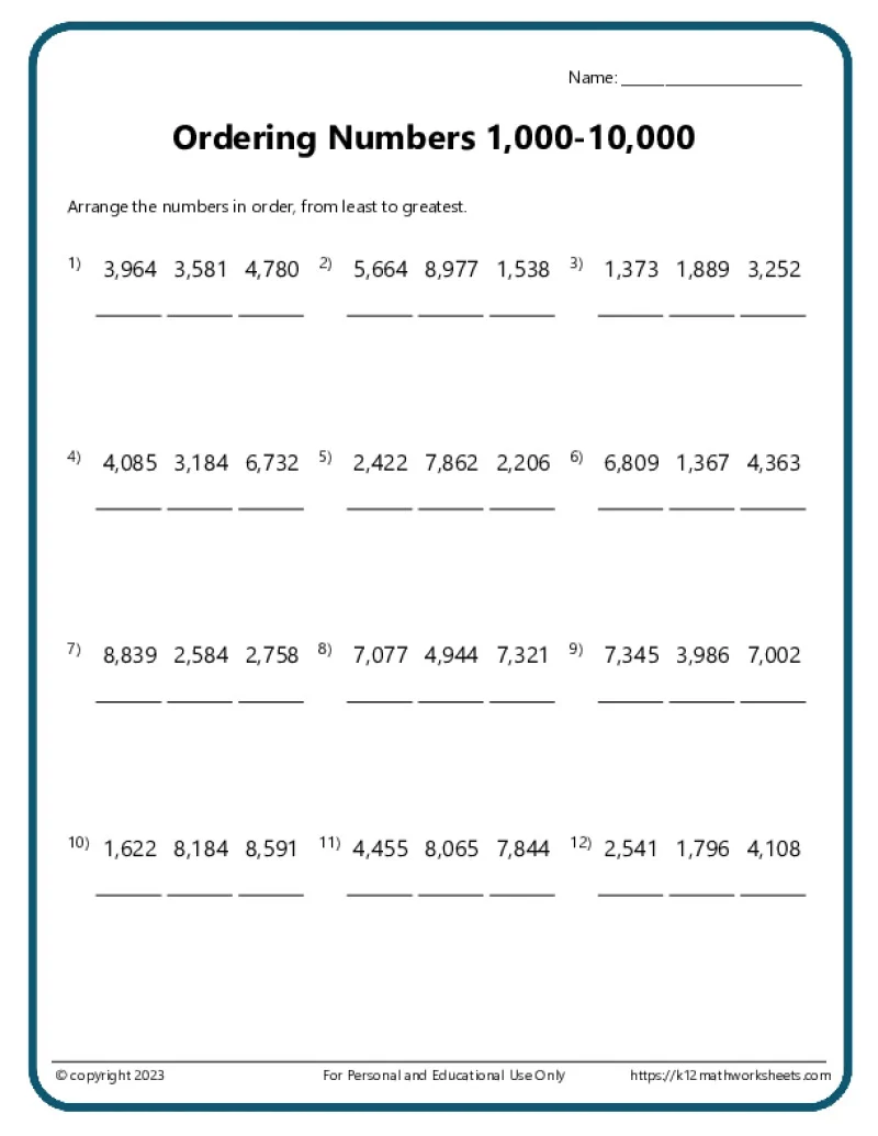 First grade math worksheet featuring number sequencing exercises from least to greatest