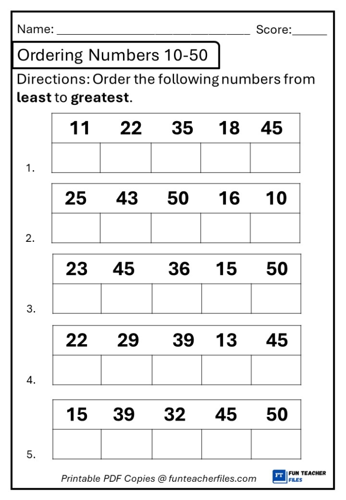 First grade worksheet for arranging numbers from least to greatest