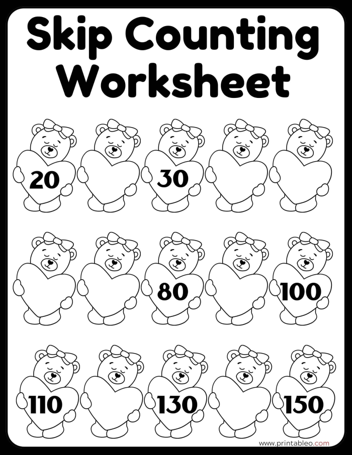 Skip counting practice worksheet for first grade students learning number sequences and preparing for multiplication