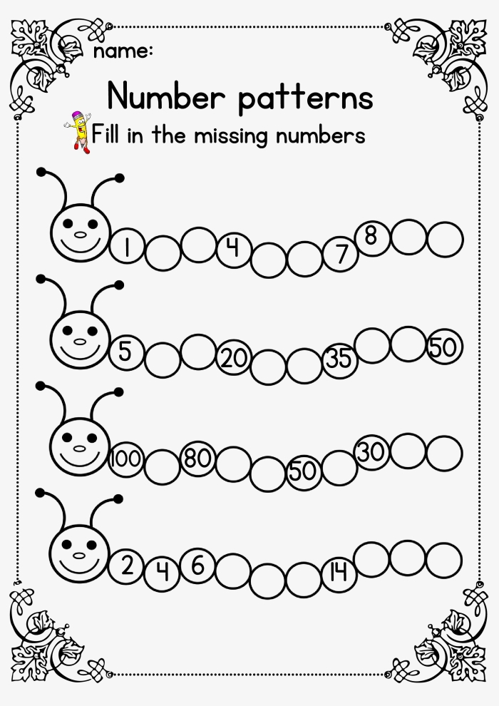 Worksheet for first graders focusing on number patterns of 2, 5, and 10