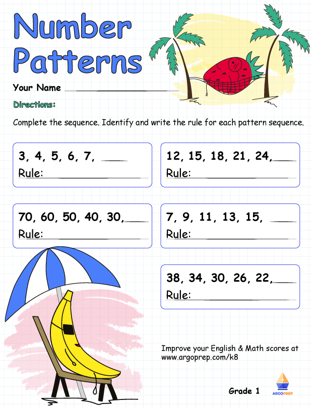 Number patterns worksheet for first graders focusing on sequences of 2, 5, and 10. Engaging fill-in-the-blank activity to enhance number sense skills.
