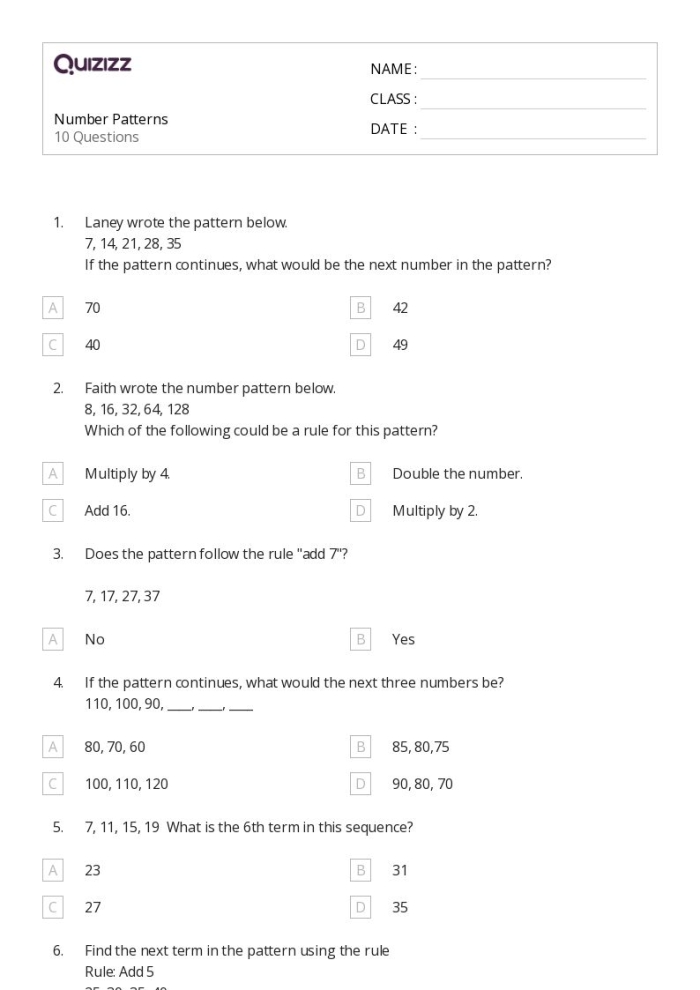Engaging quiz to help students reinforce their understanding of number patterns Practice Test worksheet for first graders focusing on easy number patterns
