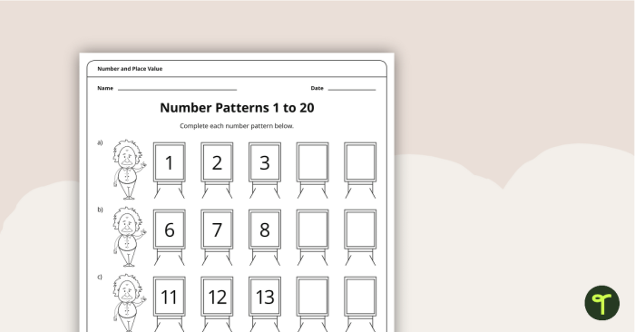 First grade worksheet illustrating number patterns by 2, 5, and 10 for young learners. Educational resource to enhance number sense for first graders.