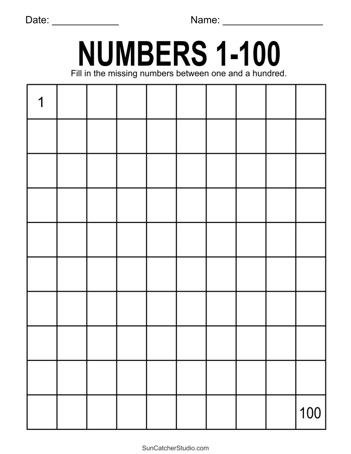 Hundreds Chart Challenge worksheet for first graders with fill-in-the-blank sections