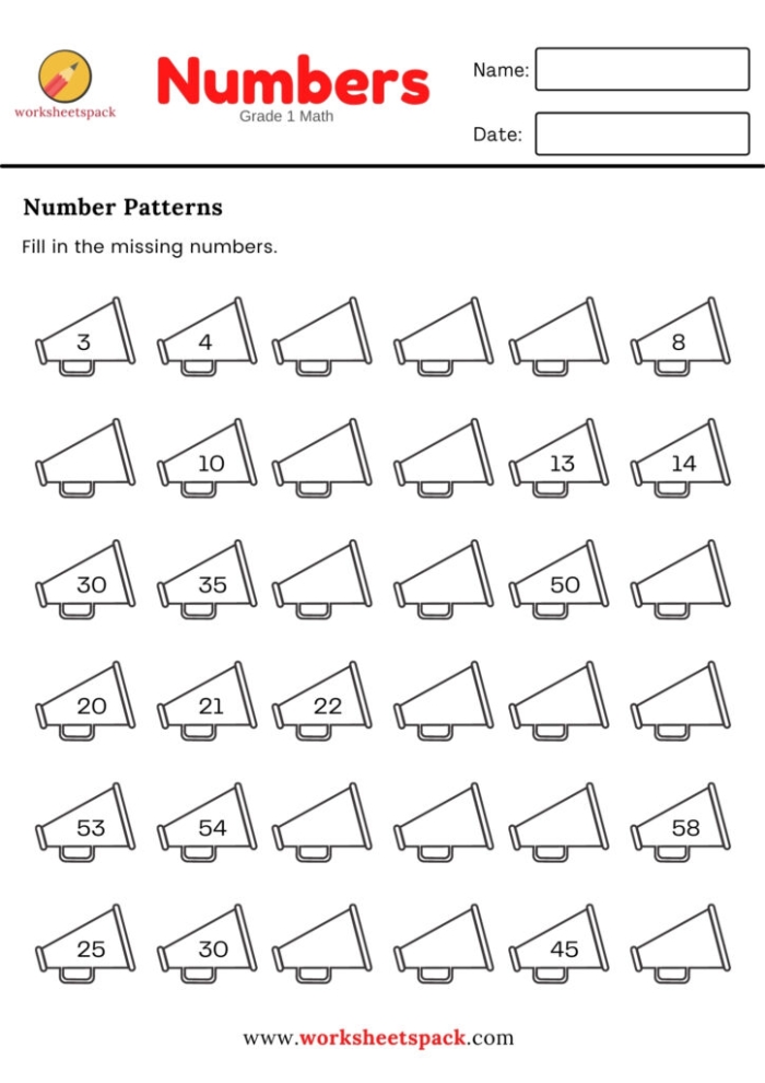 Worksheet for first graders to practice filling in number patterns by 2, 5, and 10. Number Patterns: Fill In the Number worksheet for early math skills.