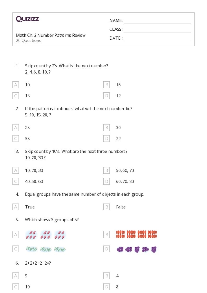 First grade worksheet for practicing number patterns with increments of 2, 5, and 10