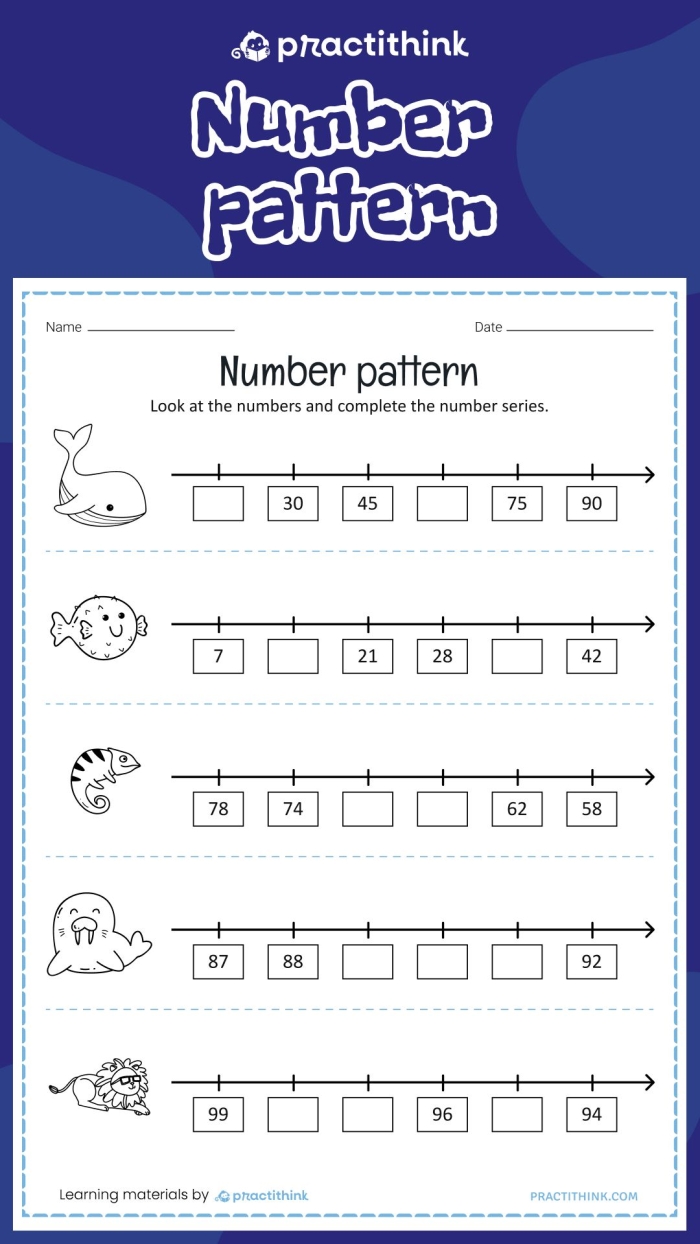 Worksheet for first graders to practice number patterns by 2, 5, and 10. Fill In the Number worksheet focusing on developing number sense.