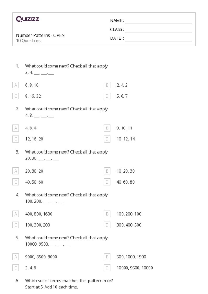 Worksheet for first graders to practice filling in number patterns by 2, 5, and 10