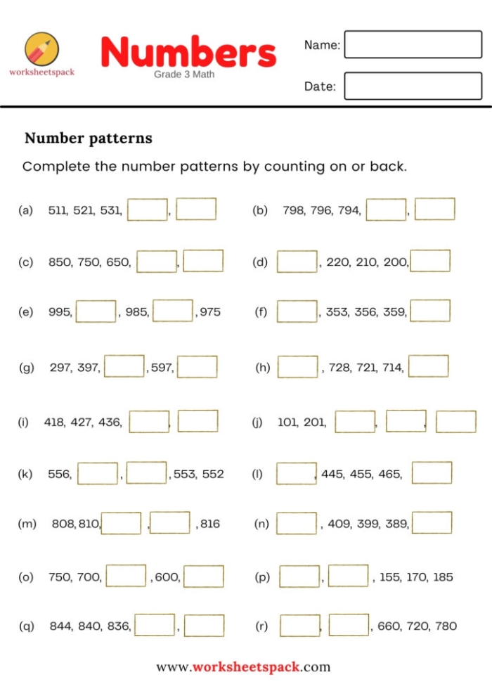 Worksheet for first graders to practice filling in number patterns of 2, 5, and 10
