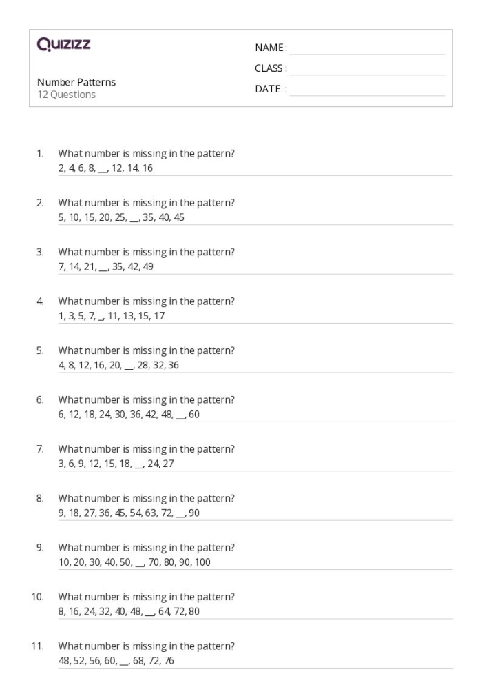 First Grade Phonics: Easy Number Patterns Practice Test Worksheet Worksheet featuring an Easy Number Patterns practice test for first graders