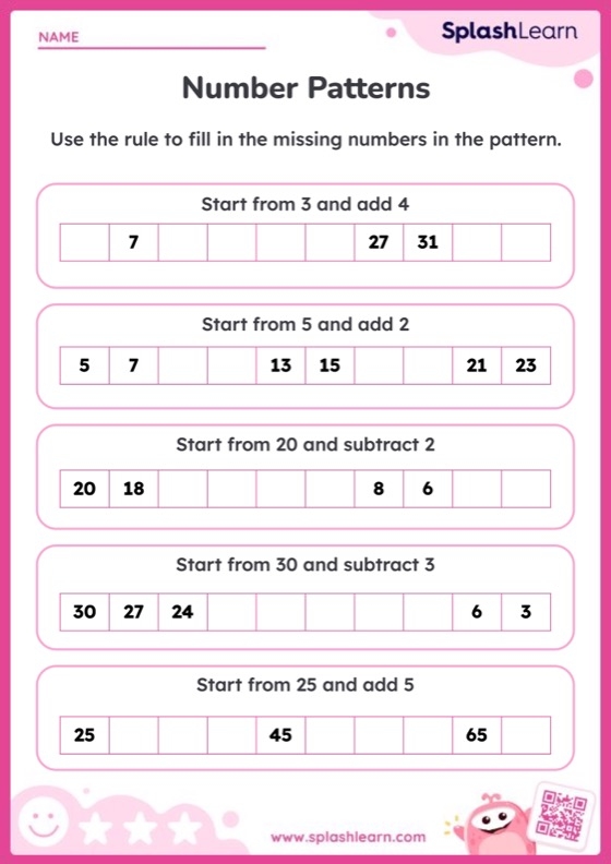 First grade worksheet to practice filling in number patterns by 2, 5, and 10