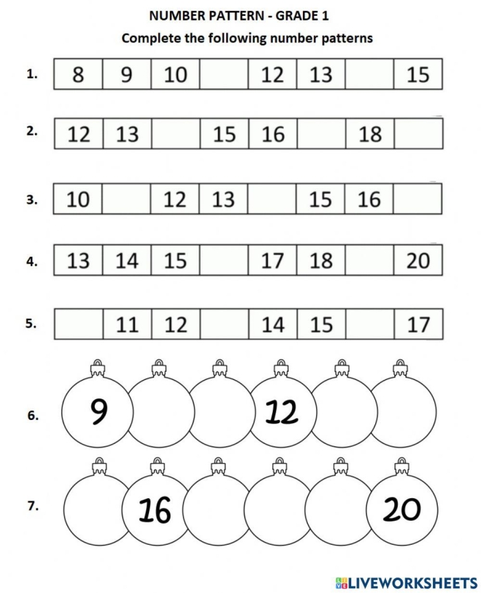 Worksheet for first graders to practice number patterns by 2, 5, and 10. Number Patterns: Fill In the Number worksheet for physical science students.