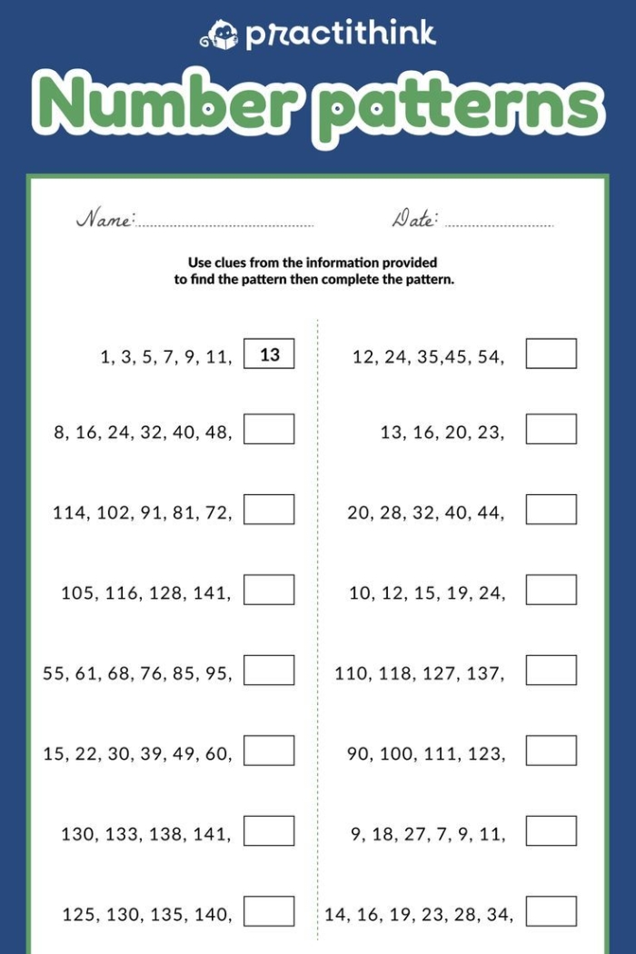 First grade worksheet for practicing number patterns with increments of 2, 5, and 10