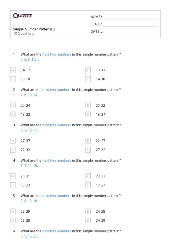 Worksheet for first graders to practice filling in number patterns by 2, 5, and 10. Number Patterns: Fill In the Number worksheet for enhancing number sense in young learners.