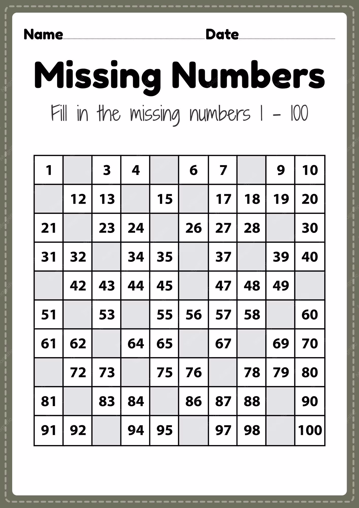 Missing Numbers Counting to 100 Practice Activity 16 First grade student completing a hundreds chart by filling in missing numbers from 1 to 100