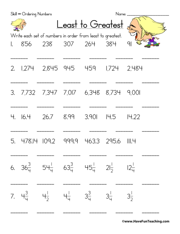 First grade students practice arranging groups of numbers from least to greatest on this worksheet