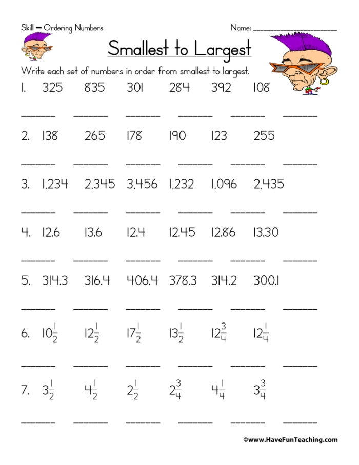First grade worksheet showing number sequencing from least to greatest