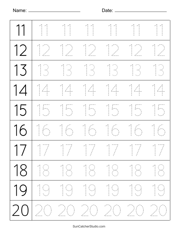 First grade worksheet for practicing how to write and trace numbers 11 through 20