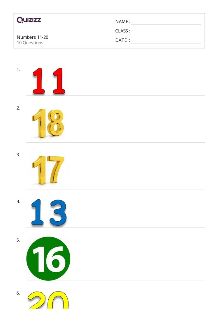 Worksheet for practicing writing numbers 11-20 with tracing lines for first graders