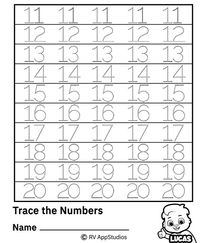 A first grade worksheet for practicing writing the numbers 11 through 20 by tracing number names