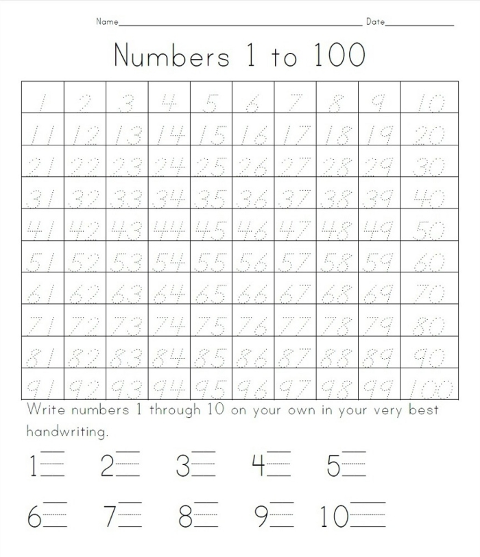 Numbers to 100 worksheet for assessing first graders' counting skills First grade worksheet featuring a number writing activity for counting up to 100