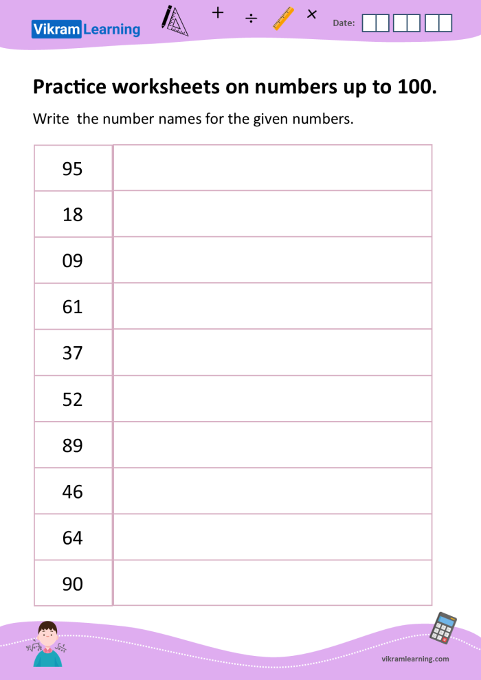 Engaging activity to assess number writing skills in geometry Worksheet for counting numbers up to 100 for first graders