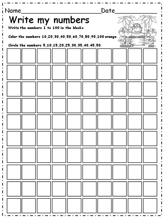 Numbers to 100 worksheet for assessing students' counting skills First grade worksheet featuring a number writing activity for counting to 100