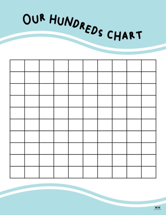Blank hundreds chart worksheet for first graders to practice writing numerals and recognizing patterns