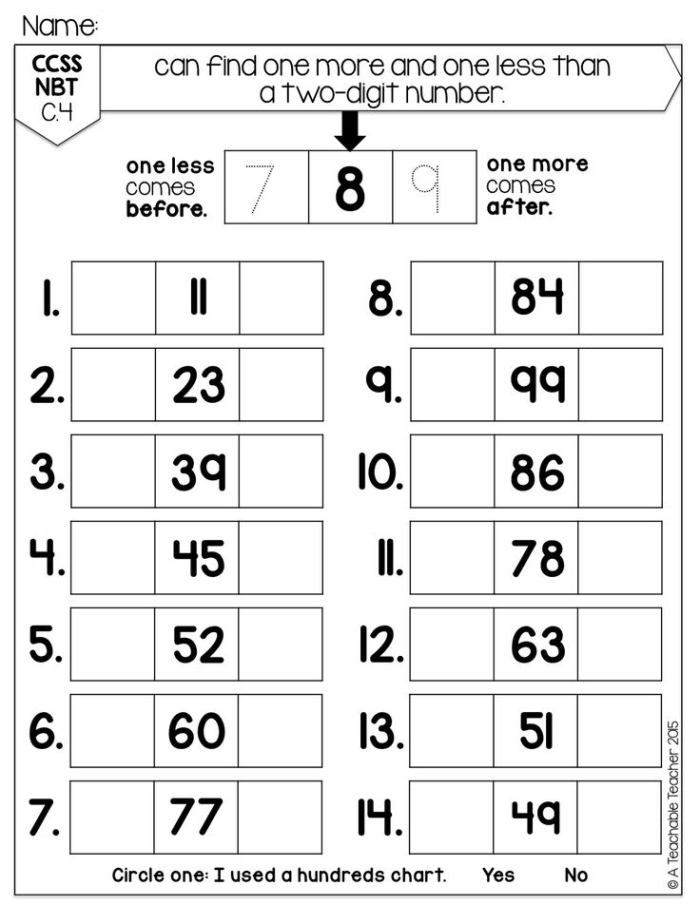 One More and Ten More Addition Worksheet for First Grade Number 6 First grade math worksheet focusing on adding one more and ten more to numbers up to 100