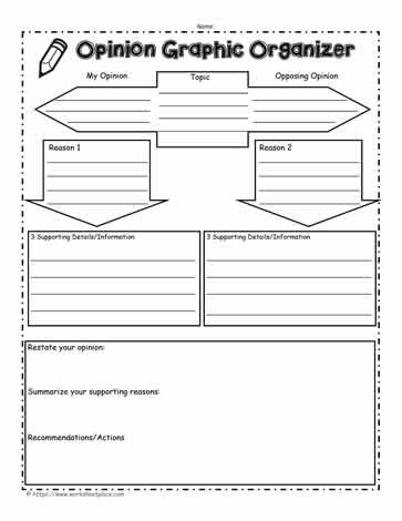 Opinion graphic organizer worksheet designed for first-grade economics students to structure their thoughts. Template for listing an opinion, reasons, and conclusion in a clear format.