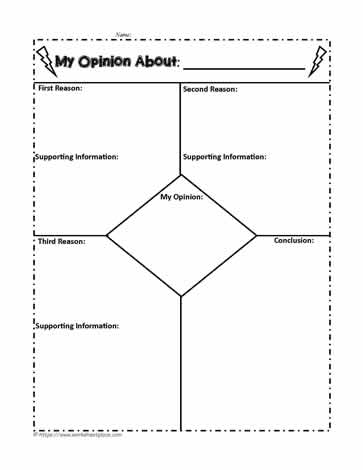 Opinion graphic organizer worksheet for first graders to express their thoughts and reasons. A helpful template for young learners to develop their opinion writing skills.
