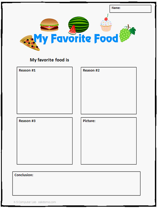 Colorful worksheet for first graders to express their opinions about their favorite food. Opinion Writing: My Favorite Food worksheet for young writers.