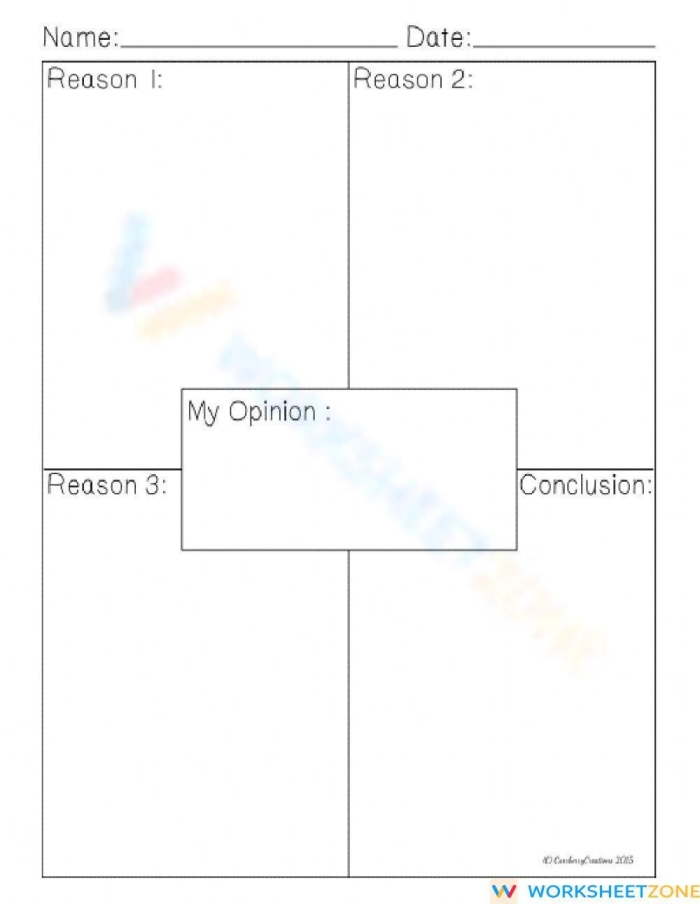 First grade economics worksheet featuring an opinion graphic organizer for listing reasons and conclusions