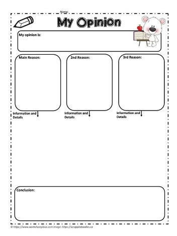 First grade economics opinion graphic organizer worksheet with sections for reasons and conclusion