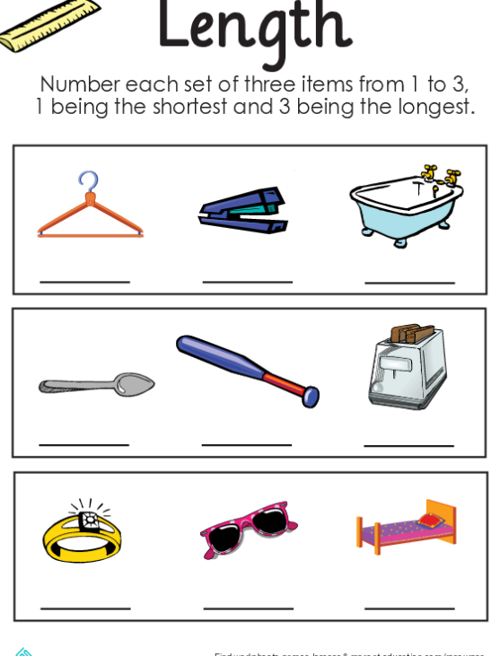 First grade worksheet featuring various objects for students to practice ordering by relative length from shortest to longest